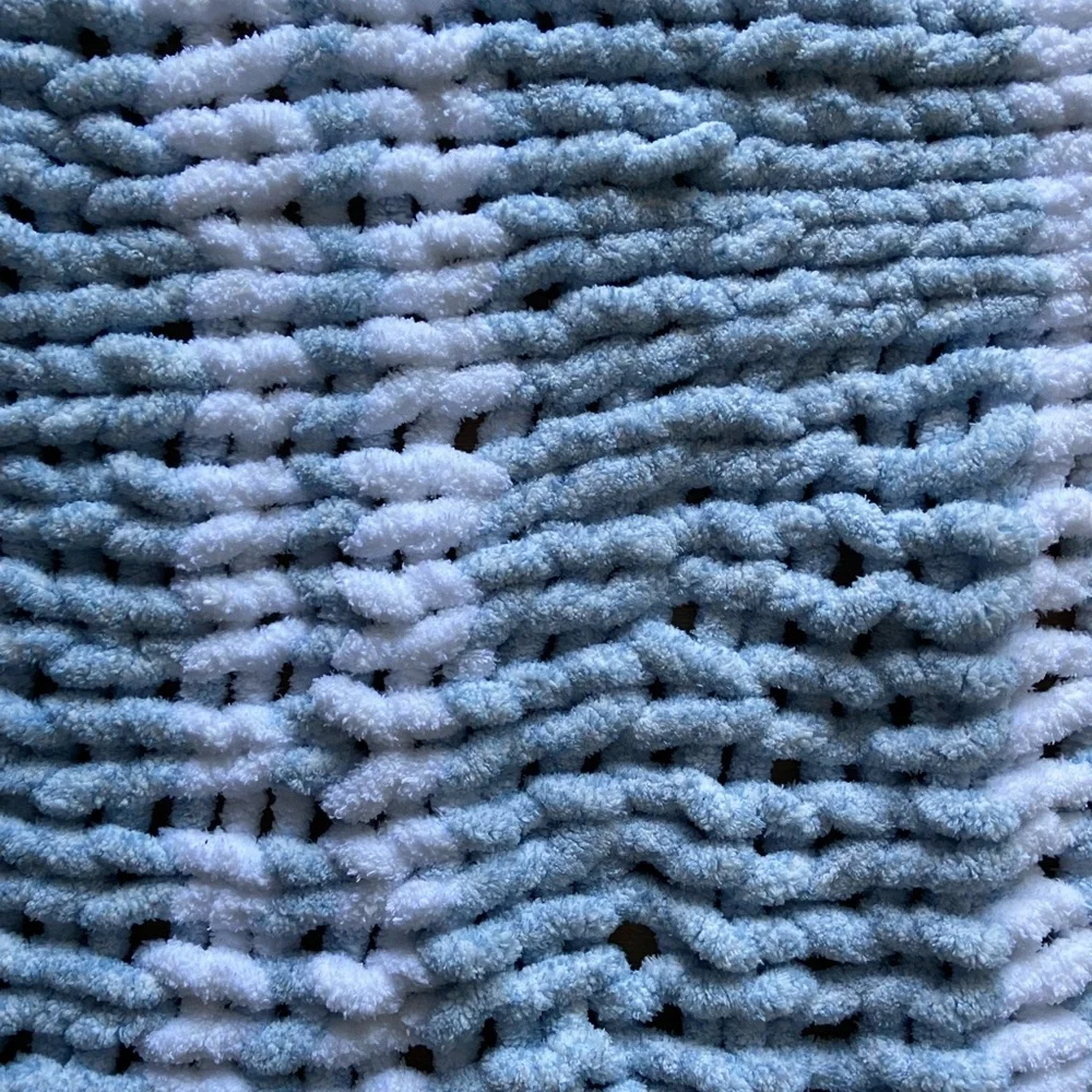 Chunky Knit Baby Blanket in Blue and White 48 x 44 Handmade